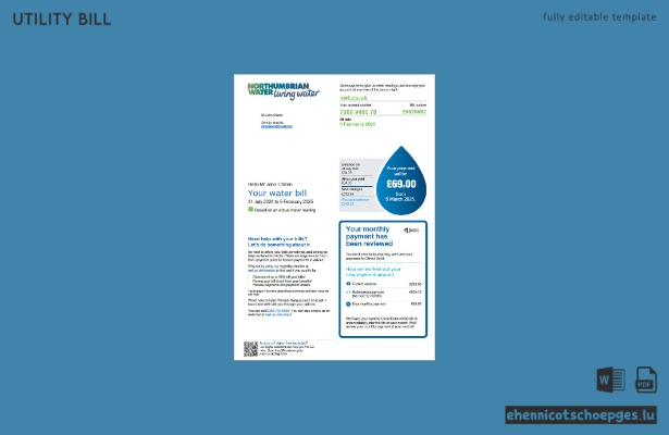 Beispielvorschau der Wasserrechnung des Versorgungsunternehmens Northumbrian Water im Vereinigten Königreich, Version 2.1